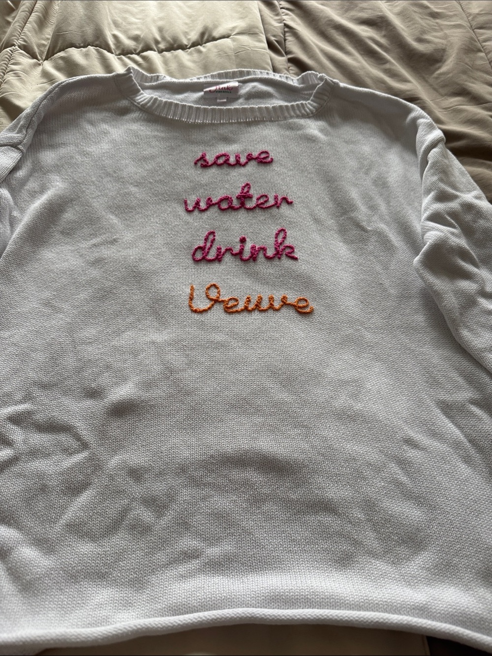 Crewneck Sweater with Embroidered 'Save Water Drink Veuve' - White